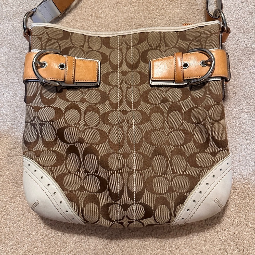 Coach Brown and Tan Shoulder Bag with Monogram Print